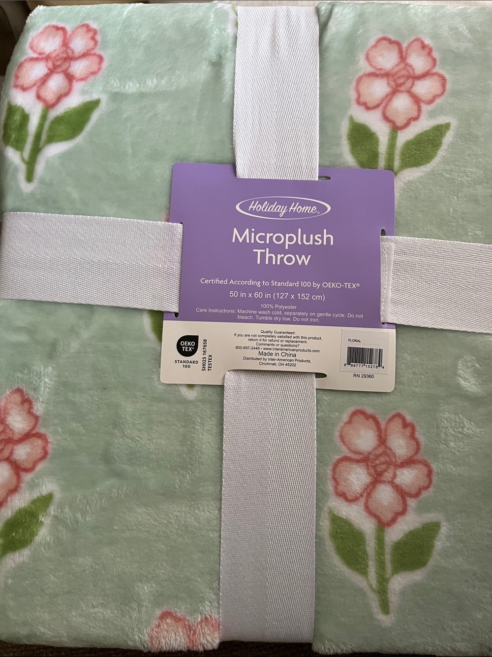 Holiday Home Mint Green Microplush Throw with Pink Floral Accents
